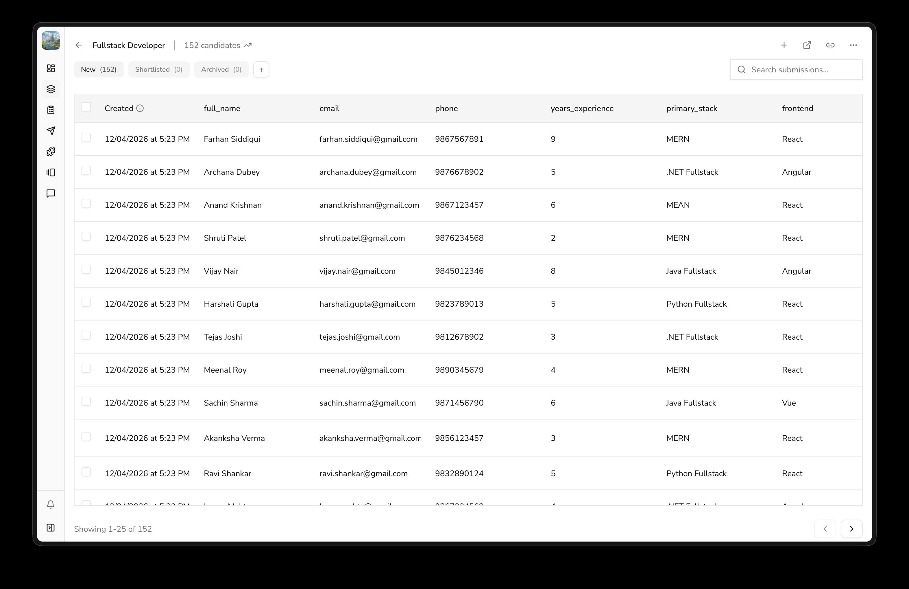 BuildForms hiring pipeline: candidate submissions with stages, search, and columns.